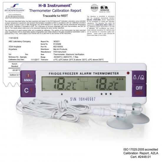 Bel-Art, H-B DURAC 校准双区电子温度计，带防水传感器； -40/70C (-40/158F) 外部，-40/70C (-40/158F) 外部，0C 和 22C 区域校准